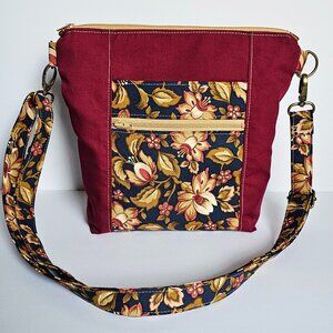 NEW Burgundy + Navy Floral Crossbody Purse | Lightweight Washable Shoulder Bag